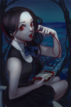 1girl black_hair blood blood_bag branch collared_dress colored_skin dress drinking_blood fangs fangs_out grey_skin looking_at_viewer night night_sky on_railing original pale_skin qinni railing red_eyes sky solo tasting tongue tongue_out town vampire