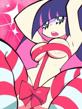 1girl absurdres blue_hair breasts christmas chrono_08 highres large_breasts long_hair looking_at_viewer multicolored_hair naked_ribbon open_mouth panty_&amp;_stocking_with_garterbelt pink_hair red_ribbon ribbon stocking_(psg) striped_clothes striped_thighhighs thighhighs two-tone_hair