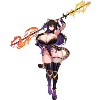 1girl animal_ear_fluff animal_ears areola_slip armor armpits black_hair black_leotard breasts bursting_breasts cleavage cleavage_cutout closed_mouth clothing_cutout double_blade electricity fire fishnet_sleeves fishnet_thighhighs fishnets flaming_sword flaming_weapon full_body fur-trimmed_armor fur_trim geta gigantic_breasts gold_trim hair_between_eyes highleg highleg_leotard highres holding holding_sword holding_weapon japanese_armor japanese_clothes kaenuco kote kunoichi_shiden kurokote kusazuri last_origin leotard long_hair looking_at_viewer mole mole_on_breast mole_on_thigh multicolored_hair ninja non-web_source official_alternate_costume official_art purple_hair red_eyes simple_background single_thighhigh skindentation solo standing suneate sword tabi tail thick_thighs thighhighs thighs tiger_ears tiger_girl tiger_tail transparent_background two-tone_hair two_side_up v-shaped_eyebrows weapon