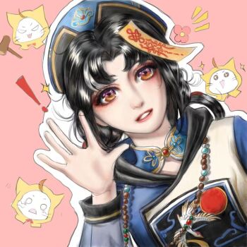 ! +_+ 1girl animal animal_print bead_necklace beads bird bird_print black_hair blue_hanfu blue_hat braid brown_eyes cat chinese_clothes chinese_commentary cloak clothed_animal commentary_request crane_(animal) dutch_angle ear_covers emoji eyelashes eyeshadow grin hair_rings hammer hand_up hanfu hat hood hood_up hooded_cloak infinity_nikki jewelry jiangshi_costume light_blush lipstick long_hair long_sleeves low_twin_braids makeup momo_(nikki) multiple_views necklace nighttime_whisper_(infinity_nikki) nikki_(series) nostrils notice_lines o_o ofuda ofuda_on_head outline parted_bangs pink_background pink_eyeshadow pink_lips prayer_beads qingdai_guanmao realistic ruoxu_lansheng sidelocks simple_background smile sparkle sparkling_eyes twin_braids two-tone_hanfu upper_body v-shaped_eyes waving whiskers white_cat white_hanfu white_outline yellow_cloak