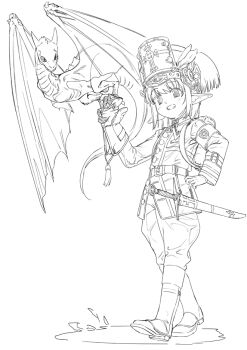 1girl armband boots dragon elf falconry_glove fantasy full_body greyscale hat looking_at_viewer military_uniform monochrome okuribi original pointy_ears sheath sheathed short_hair small_dragon smile sword weapon