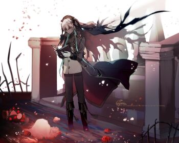 1boy black_boots black_sclera black_shirt book boots bridge colored_sclera colored_skin covered_collarbone cyawa flower fold-over_boots grey_jacket grey_pants grey_skin hair_between_eyes headpiece highres holding holding_book jacket male_focus open_book open_clothes open_jacket orange_eyes original pants petals railing red_flower red_rose rose shirt signature solo standing stitched_face stitches stuffed_animal stuffed_toy teddy_bear vest watermark white_hair white_vest