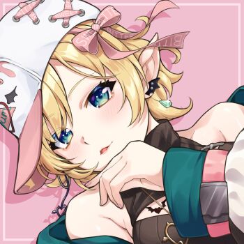 1girl aqua_eyes bare_shoulders baseball_cap blonde_hair blush border breast_tattoo cleavage_cutout clothing_cutout cross-laced_headwear drop_shadow earrings hat heart heart_necklace highres hololive jacket jewelry long_sleeves multicolored_jacket necklace no_horns off_shoulder official_alternate_costume official_alternate_hair_length official_alternate_hairstyle parted_lips pink_background pixie_cut pointy_ears rena_sakuma short_hair sleeveless sleeveless_turtleneck solo sweater tattoo turtleneck turtleneck_sweater virtual_youtuber white_hat white_jacket winged_heart winged_heart_tattoo yuzuki_choco yuzuki_choco_(streetwear)