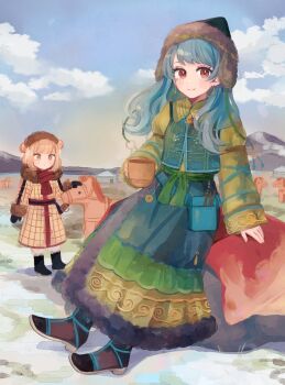 2girls adapted_costume alternate_costume black_footwear blonde_hair blue_hair boots brown_eyes closed_mouth cloud commentary_request cup double_bun earrings fur-trimmed_boots fur-trimmed_sleeves fur_hat fur_trim gloves hair_bun haniyasushin_keiki hat highres holding holding_cup horse jewelry joutouguu_mayumi long_hair long_sleeves looking_at_viewer magatama magatama_necklace medium_hair mozukuzu_(manukedori) multicolored_clothes multiple_girls necklace object_in_pocket outdoors pocket scarf smile tent tools touhou yellow_sleeves