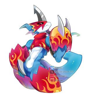 Rule 34 | armor, blue skin, colored skin, cowboy shot, digimon, digimon (creature), dragon, fladramon, helmet, highres, horns, red armor, red eyes, red helmet, simple background, single horn, white background, youzaiyouzai112