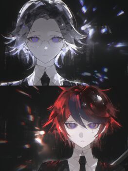 2boys absurdres alternate_universe aotsuki_eito black_background black_necktie black_streaks blue_eyes cathon613 chinese_commentary cracked_skin crystal_hair gem_uniform_(houseki_no_kuni) glasses grey_hair highres houseki_no_kuni looking_at_viewer male_focus multicolored_hair multiple_boys necktie purple_eyes red_hair shirt short_hair split_screen straight-on streaked_hair sumino_takumi the_hundred_line_-last_defense_academy- white_shirt