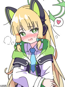 1girl absurdres alternate_hair_length alternate_hairstyle animal_ear_headphones animal_ears artist_name blonde_hair blue_archive blue_necktie blunt_bangs blush bow bright_pupils buttons cat_ear_headphones cat_ears collared_shirt commentary dress_shirt fake_animal_ears green_bow green_eyes green_halo green_jacket hair_bow halo hand_on_own_arm headphones heart highres hood hood_down hooded_jacket jacket lee0fld long_hair long_sleeves looking_at_viewer low-tied_sidelocks midori_(blue_archive) multicolored_jacket necktie nervous_smile nose_blush open_clothes open_jacket open_mouth school_uniform shirt sidelocks simple_background smile solo speech_bubble spoken_heart sweat unbuttoned upper_body very_long_hair white_background white_jacket white_pupils white_shirt