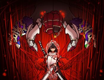 1girl bandaged_weapon black_hair bridal_veil bug chain cigar closed_mouth commentary_request crossed_arms fedora giant_hand gonghead_0717 hat holding holding_sheath holding_sword holding_weapon hood japanese_clothes jewelry katana kimono korean_commentary limbus_company long_hair long_sleeves looking_at_viewer project_moon red_eyes ring ryoshu_(project_moon) see-through_clothes sheath sheathed shiromuku smoke solo spider string sword uchikake veil wataboushi weapon white_kimono wide_sleeves