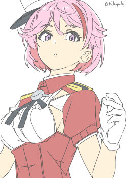 1girl black_ribbon fubupula giuseppe_garibaldi_(kancolle) gloves hat highres kantai_collection military_uniform multicolored_hair one-hour_drawing_challenge parted_bangs pink_eyes pink_hair red_hair red_shirt ribbon shirt simple_background solo streaked_hair twitter_username upper_body white_background white_gloves white_hat