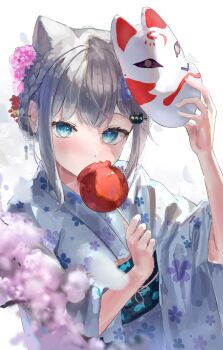 Rule 34 | 1girl, animal ears, animal print, black sash, blue eyes, blush, candy apple, cat ears, cat girl, commentary, english commentary, extra ears, fish print, floral print, floral print kimono, flower, food, fox mask, hair bun, hair flower, hair ornament, highres, holding, holding candy apple, holding food, holding mask, indie virtual youtuber, japanese clothes, kimono, lazyramen, looking at viewer, mask, nachoneko, obi, print kimono, purple flower, red flower, sash, solo, virtual youtuber, white kimono