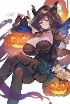 1girl absurdres ayacho black_gloves blue_eyes blush bodysuit breasts brown_hair choker cleavage fingerless_gloves four-pointed_star gloves gold_trim granblue_fantasy halloween halloween_costume highres hood hood_up horned_hood horns huge_breasts jack-o&#039;-lantern jewelry long_hair low_twintails official_alternate_costume pendant raziel_(granblue_fantasy) raziel_(page_71_book_of_mischief_on_cataclysms)_(granblue_fantasy) sitting smile solo twintails