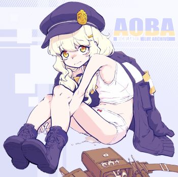 1girl aoba_(blue_archive) armpits belt belt_pouch blonde_hair blue_archive blue_boots blue_hat blue_jacket blush boots bow bow_panties bra character_name closed_mouth commentary_request copyright_name eyebrows_hidden_by_hair flat_chest from_side hair_between_eyes hair_ornament hairclip hat highres hugging_own_legs implied_after_masturbation jacket lace-up_boots loli looking_at_viewer medium_hair nipple_slip nipples panties pouch pussy_juice pussy_juice_puddle screwdriver sitting solo suzuki_kyoutarou tool_belt twintails underwear unworn_belt wavy_mouth white_bra white_panties wrench yellow_eyes