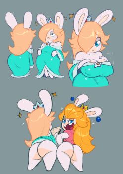 2girls :&lt; absurdres animal_ears ass blonde_hair blue_eyes breasts buck_teeth covered_erect_nipples crown dress furry furry_female hair_over_one_eye highres huge_ass large_breasts mario_(series) mario_+_rabbids_sparks_of_hope mawile123 mini_crown multiple_girls nintendo rabbid_peach rabbid_rosalina rabbit_ears raving_rabbids rayman_(series) shortstack simple_background teeth thick_thighs thighs