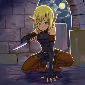 Rule 34 | 1girl, ankama, armlet, bare shoulders, blonde hair, bodysuit, boots, castle, combat knife, cra (wakfu), cra f, elbow gloves, elf, evangelyne (wakfu), fingerless gloves, freckles, full moon, gloves, green eyes, guard, jewelry, knife, moon, night, pointy ears, reverse grip, rich s, sneaking, solo focus, squatting, thigh boots, thighhighs, wakfu, weapon, window
