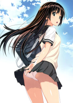 1girl absurdres ass bag blue_sky brown_hair covering_ass covering_privates cowboy_shot day female_focus fingernails from_below green_eyes highres koutaro long_hair looking_back open_mouth original outdoors panties pleated_skirt scan school_bag school_uniform serafuku shoulder_bag skirt skirt_tug sky solo underwear vest white_panties