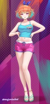 1girl :p absurdres bare_legs blue_camisole breasts camisole cleavage commentary crop_top dolphin_shorts earrings english_commentary feet full_body highres hololive hololive_english hoop_earrings jewelry legs medium_breasts midriff nail_polish navel pink_nails pink_shorts polka_dot polka_dot_background ponytail purple_eyes revision sandals short_ponytail short_shorts shorts solo standing takanashi_kiara takanashi_kiara_(fever_night) thighs toenail_polish toenails toes tongue tongue_out virtual_youtuber wajuniorbox wide_ponytail