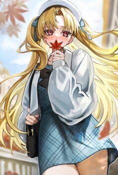 1girl autumn autumn_leaves bag beret black_bow blonde_hair blue_dress blue_ribbon blush bow chest_bow collared_jacket commentary_request diandao_qin dress ereshkigal_(fate) fate/grand_order fate_(series) hair_ribbon hat highres holding holding_leaf jacket leaf long_hair long_sleeves maple_leaf official_alternate_costume outdoors plaid_clothes plaid_dress puffy_long_sleeves puffy_sleeves red_eyes ribbon shoulder_bag solo two_side_up white_jacket