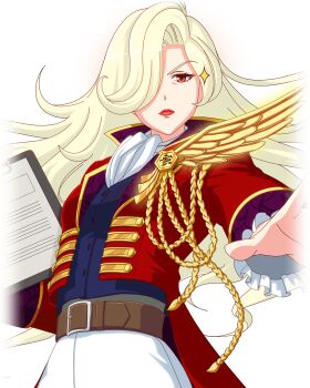 Rule 34 | 1girl, ascot, badge, belt, blonde hair, blue shirt, brown belt, buttons, clipboard, closed mouth, coat, cowboy shot, frilled sleeves, frills, game cg, hair over one eye, highres, holding, holding clipboard, idol wars, iyoko (idol wars), layered sleeves, long sleeves, looking at viewer, official art, one eye covered, open clothes, open coat, outstretched arm, pants, red coat, red eyes, red lips, rope, second-party source, shirt, simple background, solo, sparkle, transparent background, white ascot, white pants, wing ornament