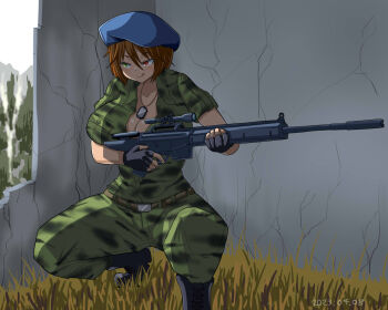 Rule 34 | 1girl, :q, alternate breast size (larger), alternate costume, beret, black boots, black gloves, blue hat, blush, boots, breasts, brown hair, camouflage, camouflage pants, camouflage shirt, cleavage, closed mouth, commentary request, dated, fingerless gloves, full body, gloves, green eyes, green pants, green shirt, gun, hat, heterochromia, highres, holding, holding gun, holding weapon, itini-sanshi, large breasts, looking afar, pants, red eyes, rifle, rozen maiden, shirt, short hair, smile, sniper rifle, solo, souseiseki, squatting, tongue, tongue out, weapon, window