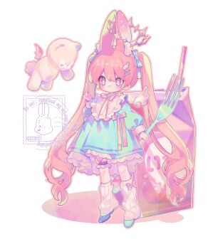 1girl absurdres angel_wings animal_ears blue_dress detached_wings dress fork full_body halo highres holding holding_fork leg_warmers long_hair long_sleeves original oversized_fork ozreiji pink_hair rabbit_ears rabbit_girl short_dress standing stuffed_animal stuffed_toy teddy_bear twintails very_long_hair watermark white_leg_warmers wings yume_kawaii