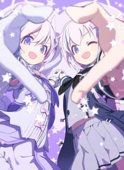 2girls :d ahoge black_neckerchief blue_archive bow bowtie commentary cowboy_shot dress drill_hair dual_persona four-finger_heart_hands gloves grey_serafuku grey_skirt hair_between_eyes hair_ornament halo heart heart_hands heart_hands_duo highres holding_hands long_hair long_sleeves looking_at_viewer low_twintails magical_girl midriff multicolored_hair multiple_girls neckerchief official_alternate_costume one_eye_closed open_mouth pink_bow pink_hair pink_halo pleated_skirt puffy_short_sleeves puffy_sleeves purple_background purple_bow purple_bowtie purple_dress purple_eyes purple_hair reisa_(blue_archive) reisa_(magical)_(blue_archive) sailor_collar school_uniform serafuku short_sleeves shrimp1634 skirt smile star_(symbol) star_hair_ornament star_halo streaked_hair twin_drills twintails two-tone_hair v-shaped_eyebrows white_gloves