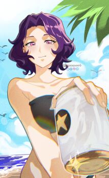 1girl absurdres alcohol bare_shoulders beach beer beer_can bikini bird black_bikini blush breasts can cleavage closed_mouth cloud collarbone day drink drink_can grand_blue hamaoka_azusa highres holding holding_can holding_drink knowname large_breasts looking_at_viewer midriff neck ocean outdoors palm_tree parted_bangs pink_eyes purple_hair sand seagull short_hair sky smile solo strapless strapless_bikini swimsuit tree water