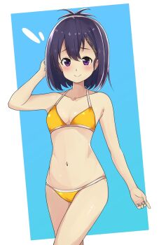 1girl aoi_illust_2077 bare_arms bare_legs bare_shoulders bikini blush breasts closed_mouth dot_nose feet_out_of_frame female_focus gabriel_dropout hair_between_eyes hair_ornament hairclip highres legs looking_at_viewer medium_hair navel purple_eyes purple_hair small_breasts smile solo standing swimsuit vignette_tsukinose_april yellow_bikini