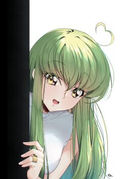 1girl absurdres ahoge breasts budgiepon c.c. c.c._day code_geass commentary_request green_eyes green_hair heart heart_ahoge highres long_hair medium_breasts open_mouth peeking_out shirt sleeveless sleeveless_shirt smile solo upper_body white_background white_shirt