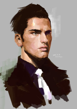 1boy 2010 archived_source artist_name black_hair black_jacket blue_shirt closed_mouth collared_shirt dated expressionless forehead grey_background grey_eyes hair_slicked_back jacket lips necktie nose pari_(piewho) portrait real_life realistic sean_o&#039;pry shirt short_hair simple_background solo upper_body white_necktie wing_collar