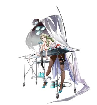 1girl absurdres ankle_wrap bare_shoulders bed_straps black_pantyhose blue_dress blue_gloves blue_shoes braid breasts cleavage closed_mouth coat coat_partially_removed curtains doctor dress facial_mark fingernails forehead_mark full_body game_cg gloves green_hair gurney hair_between_eyes hair_over_shoulder hand_on_table high_heels highres holding holding_scissors hospital huge_breasts jar lab_coat langrisser langrisser_mobile leaning_forward long_fingernails long_hair looking_at_viewer medical_gloves off_shoulder official_alternate_costume official_art open_clothes open_coat operating_table pantyhose physical_examination red_eyes rubber_gloves scar scar_on_shoulder scissors second-party_source seraphina_(langrisser) shoes simple_background single_braid smile smirk solo standing stethoscope stethoscope_around_neck strap stretcher surgical_light surgical_scissors table tachi-e thigh_strap transparent_background very_long_hair white_coat