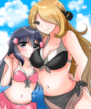 age_difference arm_around_waist bare_arms bikini bikini_skirt black_bikini black_bow black_headwear blonde_hair blue_eyes blue_hair blue_sky blush bow bow_bikini breasts cleavage closed_mouth cloud collarbone cynthia_(pokemon) dawn_(pokemon) face_against_breast female_focus grey_eyes hair_ornament hair_over_one_eye hand_on_another&#039;s_hip hand_up hinairoaiiro large_breasts loli long_hair looking_at_viewer navel nintendo onee-loli outdoors pink_bikini pink_headwear pokemon pokemon_dppt sky small_breasts smile sparkle standing sweat sweatdrop swimsuit water yuri