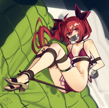 1girl ahoge arms_behind_back bdsm bikini bondage bound cad_(caddo) date_a_live egg_vibrator gag gagged improvised_gag itsuka_kotori long_hair looking_at_viewer lying on_side purple_bikini red_eyes red_hair sandals sex_toy shibari skindentation solo swimsuit tape tape_gag twintails very_long_hair vibrator