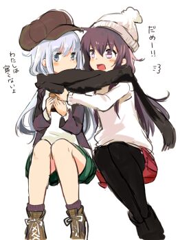 2girls adjusting_clothes akatsuki_(kancolle) alternate_costume anklet beanie black_jacket black_pantyhose black_sclera black_shoes blue_hair blush brown_hat brown_shoes colored_sclera commentary_request full_body green_skirt grey_eyes hair_between_eyes hat hibiki_(kancolle) highres invisible_chair jacket jewelry kantai_collection long_hair long_sleeves looking_at_another looking_at_viewer motohara_moka multiple_girls open_clothes open_jacket open_mouth pantyhose pleated_skirt puff_of_air purple_eyes red_skirt scarf shared_clothes shared_scarf shirt shoes sidelocks simple_background sitting sketch skirt translation_request white_background white_hat white_shirt winter_clothes