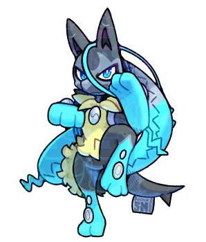 Rule 34 | blue eyes, blue fur, gen 4 pokemon, long bangs, looking at viewer, lucario, martial arts, mega lucario z, mega pokemon, nintendo, pokemon, standing, standing on one leg, sunsnak sn, yellow fur