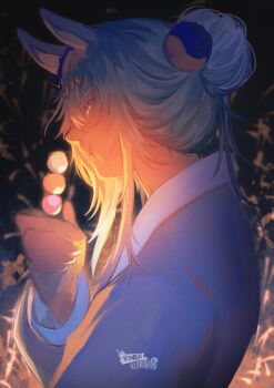 Rule 34 | 1girl, absurdres, aerial fireworks, animal ears, blue eyes, closed mouth, commentary, dango, ear scrunchie, eating, exocorpse, fireworks, food, grey hair, hair between eyes, hair bun, hair ornament, highres, holding, horse ears, horse girl, japanese clothes, kimono, long hair, long sleeves, multicolored hair, night, oguri cap (umamusume), sanshoku dango, scrunchie, sky, solo, umamusume, untranslatable commentary, upper body, very long hair, wagashi