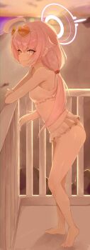 1girl against_railing ahoge beach bikini blue_archive breasts frilled_bikini frills from_side golden_hour hair_ornament halo heterochromia hoshino_(blue_archive) hoshino_(swimsuit)_(blue_archive) long_hair low_twintails mintshiiii orange-tinted_eyewear outdoors pink_eyes pink_hair railing small_breasts smile solo sphere_hair_ornament standing sunglasses sunglasses_on_head sunset swimsuit tinted_eyewear twintails white_bikini yellow_eyes