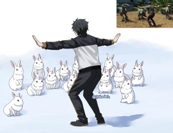 1boy animal black_hair black_jacket black_pants black_shoes chris_pratt commentary creature dinosaur full_body horns jacket long_sleeves male_focus mandarin_cookie meme natsuki_subaru outstretched_arms pants photo-referenced prattkeeping_(meme) rabbit raptor re:zero_kara_hajimeru_isekai_seikatsu scene_reference shoes short_hair single_horn symbol-only_commentary white_jacket