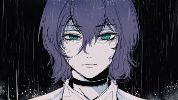 1girl axelstool black_choker chainsaw_man choker closed_mouth green_eyes hair_between_eyes looking_at_viewer purple_hair rain reze_(chainsaw_man) shirt solo wet wet_hair white_shirt