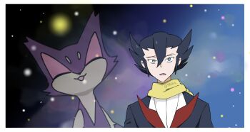 1boy 99akt1031 aqua_eyes black_hair black_jacket border commentary_request gen_5_pokemon grimsley_(pokemon) hair_between_eyes jacket male_focus meme nintendo outdoors parted_lips pointy_hair pokemon pokemon_(creature) pokemon_bw purrloin scarf shirt space space_cat_(meme) white_border white_shirt yellow_scarf