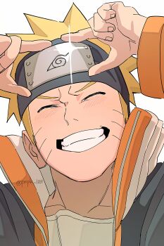 Rule 34 | 1boy, absurdres, blonde hair, closed eyes, facial mark, forehead protector, highres, jacket, konohagakure symbol, male focus, multicolored jacket, naruto (classic), naruto (series), open clothes, open jacket, parted lips, pnpk 1013, portrait, shirt, simple background, smile, solo, sparkle, spiked hair, track jacket, twitter username, uzumaki naruto, whisker markings, white background, white shirt