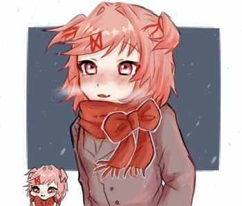 1girl blush bob_cut bow breath brown_coat buttons coat cold commentary_request doki_doki_literature_club dot_nose fang hair_intakes hair_ornament hair_ribbon hairclip highres hyonakotokara long_sleeves looking_ahead medium_hair natsuki_(doki_doki_literature_club) nose_blush open_mouth outdoors pink_eyes pink_hair raised_eyebrows red_bow red_ribbon red_scarf ribbon scarf short_twintails skin_fang snow snowing solo swept_bangs twintails upper_body winter_clothes winter_coat