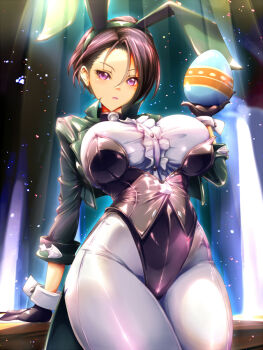 1girl alternate_breast_size alternate_costume animal_ears black_gloves black_hair black_leotard blush breasts buttons center_frills closed_mouth commentary_request cropped_jacket easter_egg egg expressionless fake_animal_ears fire_emblem fire_emblem:_three_houses frills gloves green_jacket highleg highleg_leotard jacket large_breasts leotard lips looking_at_viewer nintendo pantyhose pink_lips playboy_bunny purple_eyes rabbit_ears shamir_nevrand short_hair skindentation solo thighs white_pantyhose wide_hips wrist_cuffs yanmarson