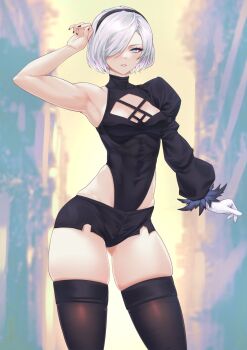 1girl 2b_(nier:automata) arm_up armpits artist_name black_hairband black_leotard black_nails black_shorts black_thighhighs blue_eyes breasts chest_cutout clothing_cutout contrapposto covered_abs covered_navel feather-trimmed_sleeves gabriel_carrasquillo gloves gluteal_fold hair_over_one_eye hairband heattech_leotard highres juliet_sleeves leotard long_sleeves looking_at_viewer nail_polish nier:automata nier_(series) parted_lips puffy_sleeves short_hair short_shorts shorts single_bare_arm single_bare_shoulder skindentation sleeved_leotard small_breasts solo swept_bangs thick_thighs thighhighs thighs toned turtleneck white_gloves white_hair