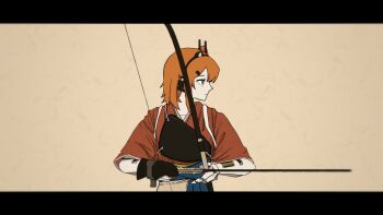 Rule 34 | 1girl, a.i. voice, adachi rei, alternate costume, android, archery, arrow (projectile), blue hakama, bow (weapon), brown background, closed mouth, commentary request, gloves, hakama, headlamp, headphones, highres, holding, holding arrow, holding bow (weapon), holding weapon, japanese clothes, joints, kaniebiuni, kimono, kyuudou, letterboxed, looking to the side, manimani (vocaloid), medium hair, muneate, orange eyes, orange hair, partially fingerless gloves, partly fingerless gloves, profile, radio antenna, red kimono, robot joints, serious, short sleeves, single glove, solo, tasuki, upper body, utau, weapon, yugake, yumi (bow)