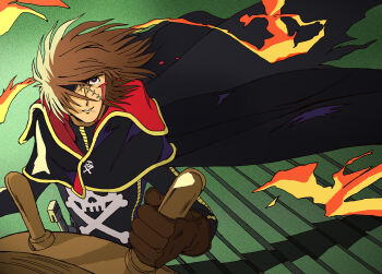 1970s_(style) 1980s_(style) 1990s_(style) 1boy arcadia bleeding blood brown_hair cape cuts energy_gun eyepatch fire fire gloves gun hair_over_one_eye handgun harlock harlock_saga highres injury jolly_roger kujira_gunsou looking_up male_focus md5_mismatch oldschool pistol ray_gun resolution_mismatch retro_artstyle scar science_fiction skull_and_crossbones solo source_smaller space_pirate spacecraft_interior steering_wheel uchuu_kaizoku_captain_harlock weapon wind