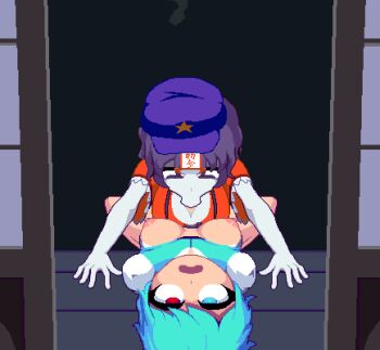 1futa 1girl :&gt;= animated animated_gif bar_censor blue_eyes blue_hair blue_vest breasts breasts_apart breasts_out newsboy_cap censored chinese_clothes cleavage colored_skin cum cum_on_body cum_on_breasts cum_on_upper_body ejaculation ejaculation_between_breasts erection fellatio futa_with_female futanari grey_skin handsfree_paizuri hat heterochromia jiangshi large_breasts lying medium_breasts medium_hair miyako_yoshika nipples ofuda on_back open_clothes open_shirt oral paizuri paizuri_under_clothes penis pixel_art purple_eyes purple_hair red_eyes red_shirt shirt short_hair tangzhuang tatara_kogasa tongue touhou vest white_shirt yado_taityou