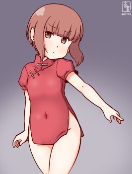 1girl alternate_color artist_logo brown_eyes brown_hair china_dress chinese_clothes commentary_request covered_navel dated dress flat_chest gradient_background grey_background kanon_(kurogane_knights) kantai_collection logo looking_at_viewer one-hour_drawing_challenge red_dress short_hair solo standing z3_max_schultz_(kancolle)