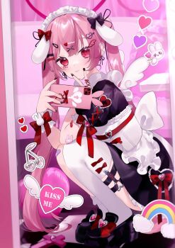 1girl absurdres amatsuka_eru angel_wings animal_ear_hairband animal_ears apron artist_request back_bow black_dress black_shoes blurry bow closed_mouth corset depth_of_field dress fake_animal_ears full_body hairband highres holding holding_phone indie_virtual_youtuber legwear_garter long_hair looking_at_viewer mirror mirror_selfie phone pink_hair platform_shoes puffy_short_sleeves puffy_sleeves rabbit_ear_hairband rabbit_ears red_eyes second-party_source selfie shoes short_sleeves single_thighhigh solo squatting sticker thighhighs too_many_hair_ornaments twintails v virtual_youtuber waist_apron white_corset white_hairband wings wrist_cuffs