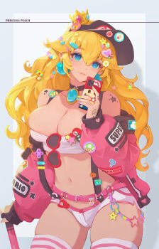 1-up_mushroom 1girl ?_block amekaji_gyaru baseball_cap black_choker black_hat blonde_hair blue_eyes blue_nails boo_(mario) breasts bullet_bill cellphone choker cleavage commentary crown crown_(symbol) earrings english_commentary fingernails fire_flower green_nails gyaru hair_between_eyes hair_ornament hat highres holding holding_phone jacket jewelry large_breasts long_hair long_sleeves looking_at_viewer mario mario_(series) multicolored_nails mushroommirror nail_polish navel nintendo phone pink_jacket pink_nails piranha_plant princess_peach shell short_shorts shorts shoulder_tattoo solo sphere_earrings star_(symbol) star_tattoo striped_clothes striped_thighhighs super_star_(mario) tattoo thighhighs thighs white_shorts white_thighhighs