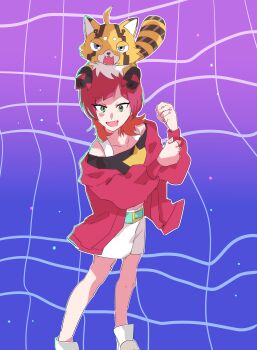 belt digimon digimon_(creature) digimon_beatbreak fang gotm_tknr jacket looking_at_viewer pristimon sakuya_reina short_hair star_(symbol)